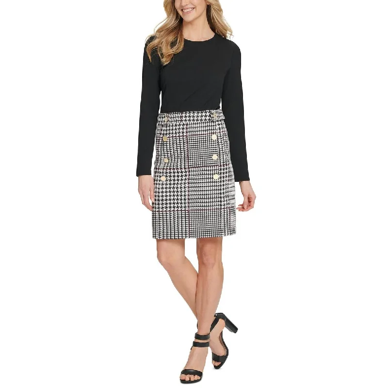 DKNY Womens Button-Trim Houndstooth Cocktail and Party Dress Lace Sexy Club