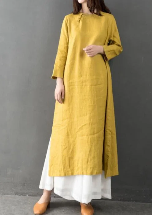 Elegant O Neck Linen Clothes Fabrics Yellow Dress