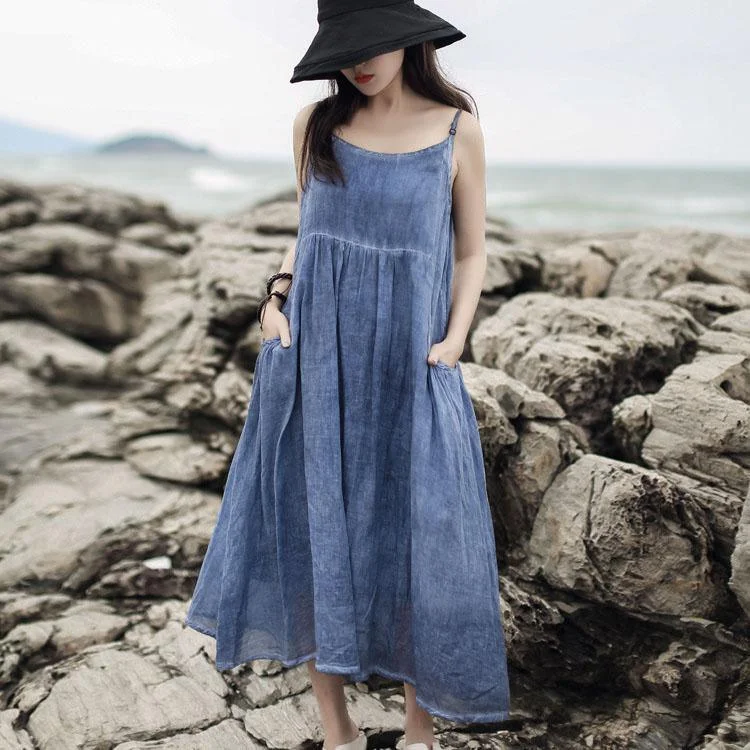 French Spaghetti Strap Pockets Linen Dress Catwalk Blue Dresses Summer ( Limited Stock)