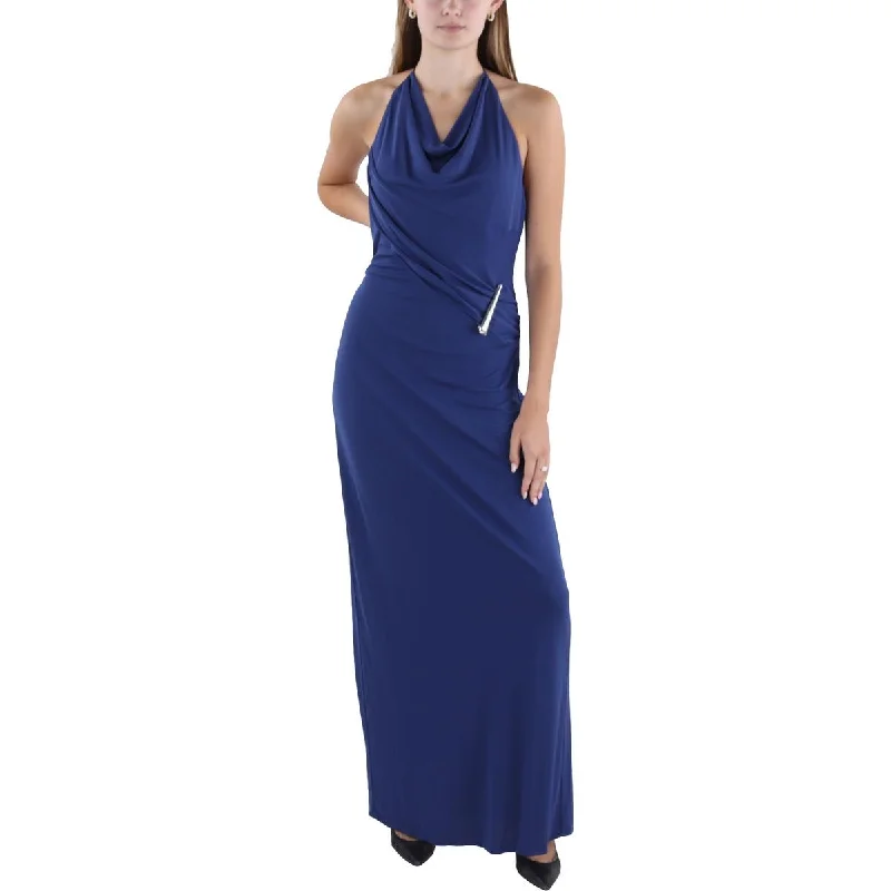 Halston Womens Christina Halter Long Evening Dress Satin Halter Glamorous