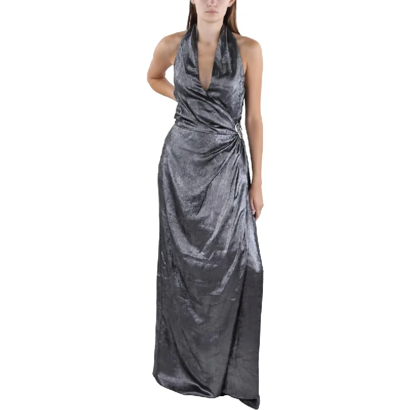 Halston Womens Gwyneth Metallic Halter Evening Dress Sequined Elegant Party