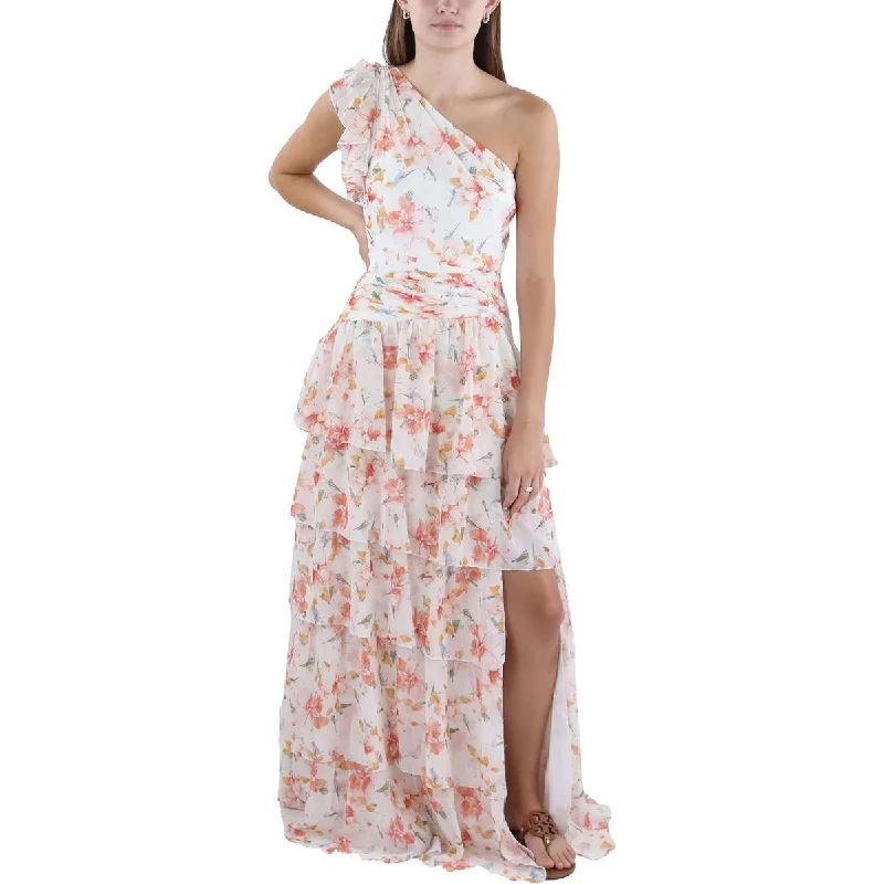 Ieena for Mac Duggal Womens Floral Print One Shoulder Evening Dress Peplum Ruffle Cocktail