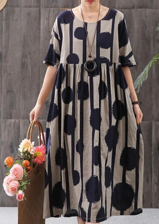 Italian Cotton quilting dresses Plus Size Stripes And Big Dots Retro Loose Dress