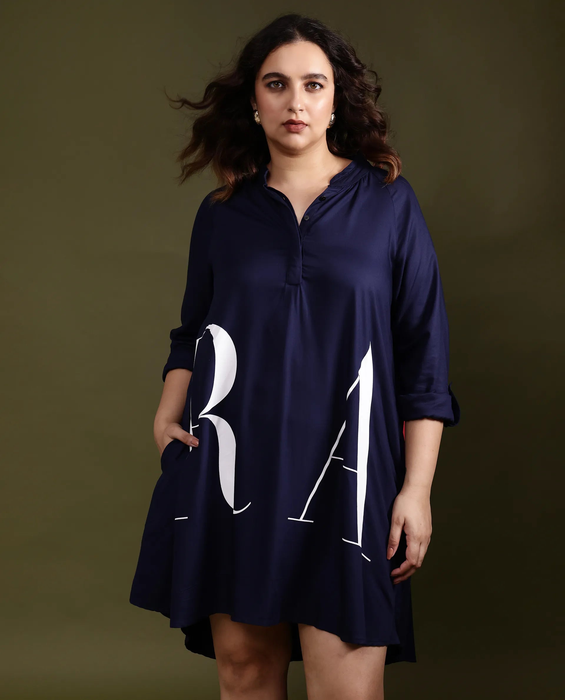 Rareism Women Leor Dark Blue Tencel Fabric Full Sleeves Button Closure Mandarin Collar Relaxed Fit Print Short A-Line Dress