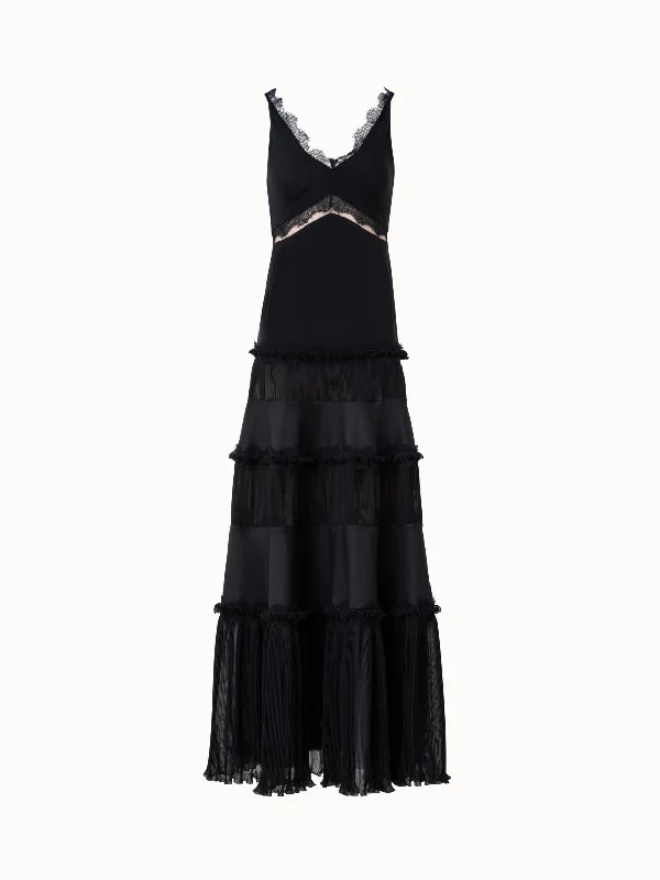 Long Silk Crêpe Dress with Lace Details