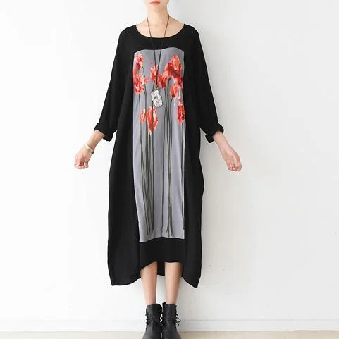 Love Flower Art Plus Size Cotton Dresses Black Causal Oversize Caftans Loose Clothing