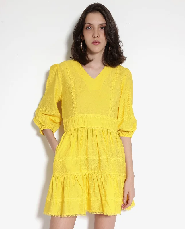 Rareism Women Meruf Yellow Poly Viscose Fabric 3/4Th Sleeves Zip Closure V-Neck Balloon Sleeve Regular Fit Plain Short Empire Dress