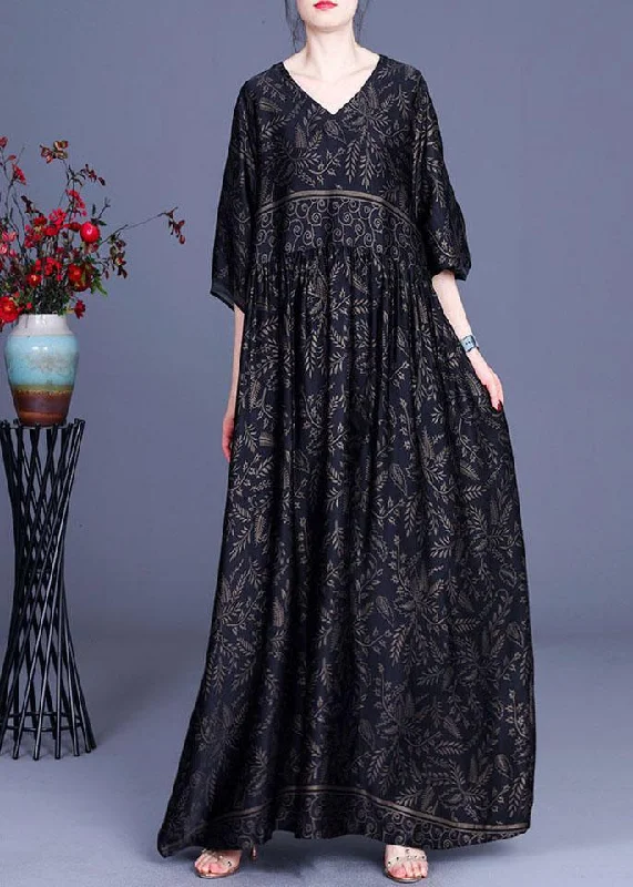 Modern Black Print Silk V Neck Dresses Summer