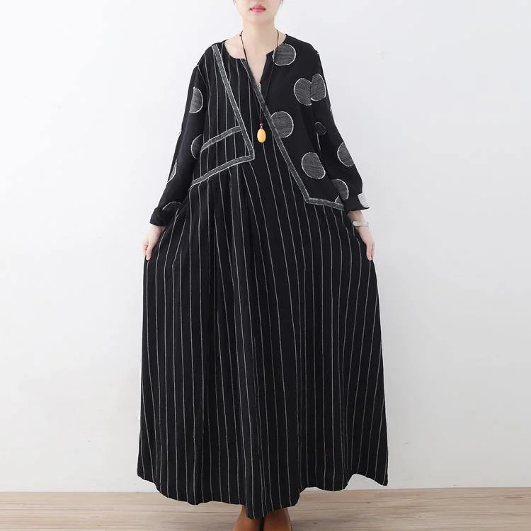 New black striped  linen dresses plus size patchwork prints traveling dress casual asymmetric gown