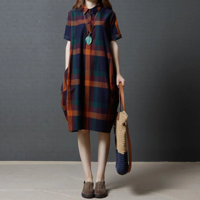 orange casual grid cotton sundress plus size pockets women dress