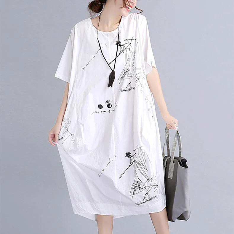 plus size traveling white cotton dress vintage o neck prints natural dress