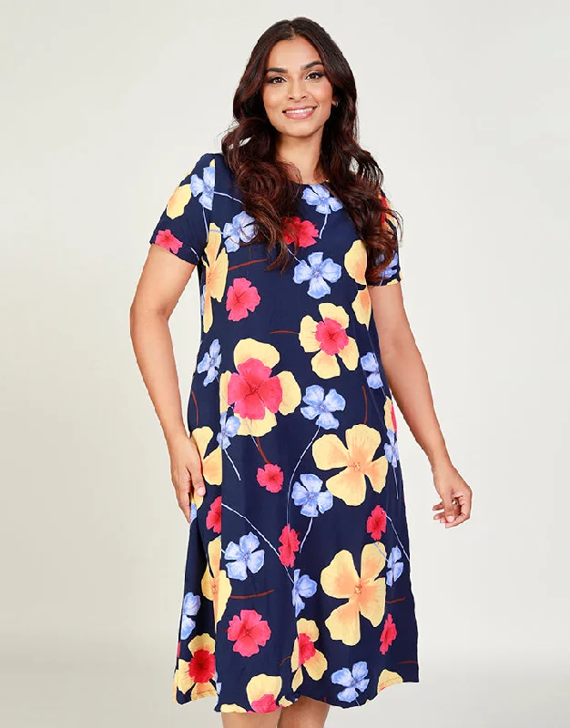 Printed Round Neck Dress with Pockets