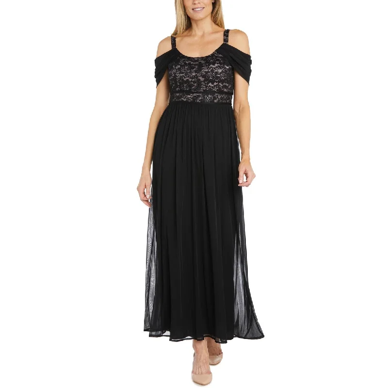 R&M Richards Womens Chiffon Cold Shoulder Evening Dress