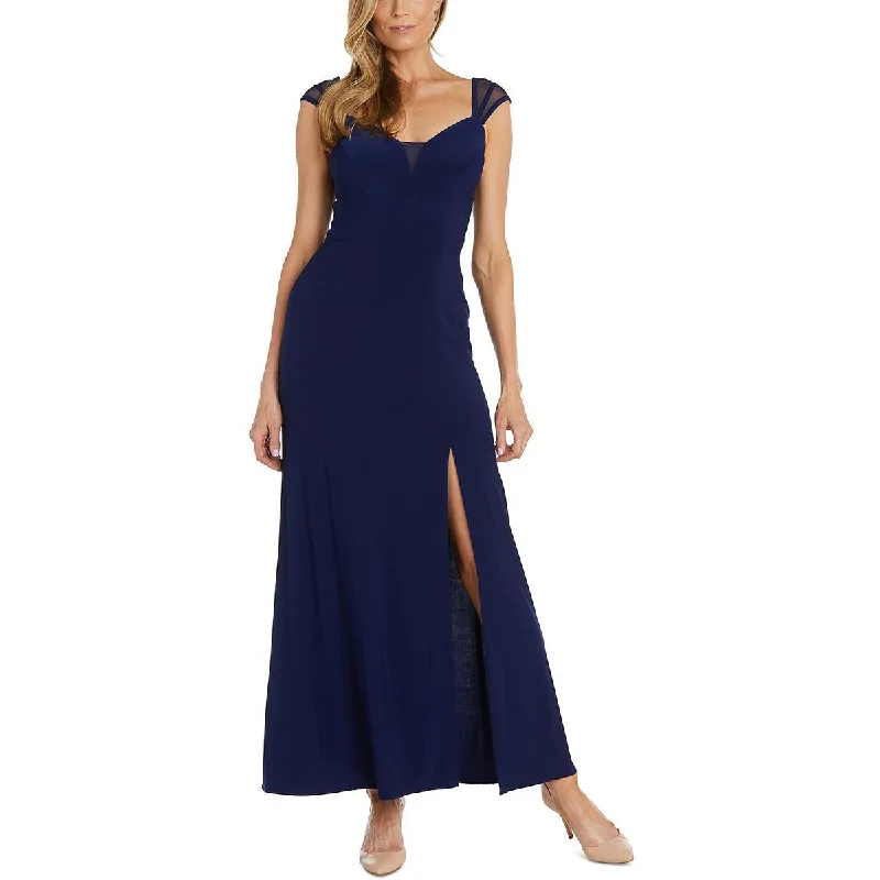 R&M Richards Womens Mesh-Sleeves Long Evening Dress