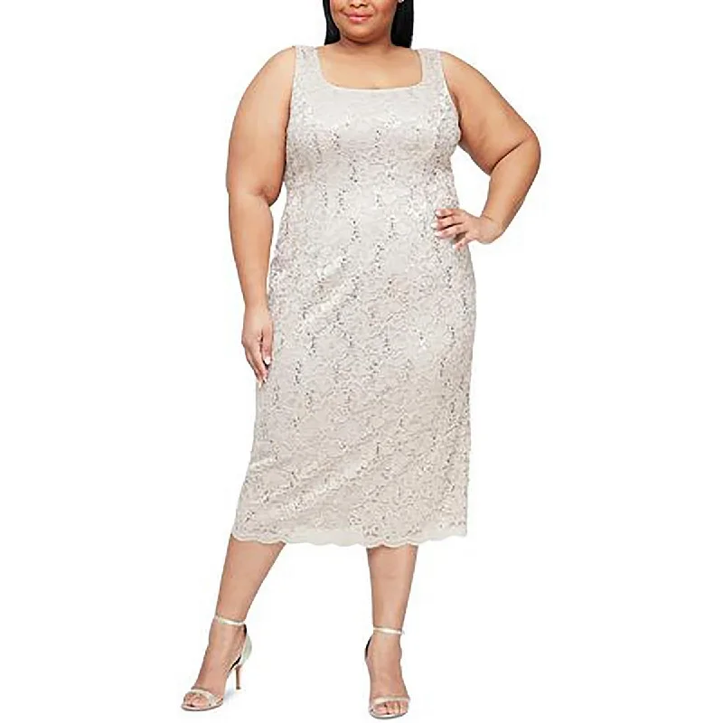 SLNY Womens Plus Lace Midi Cocktail and Party Dress