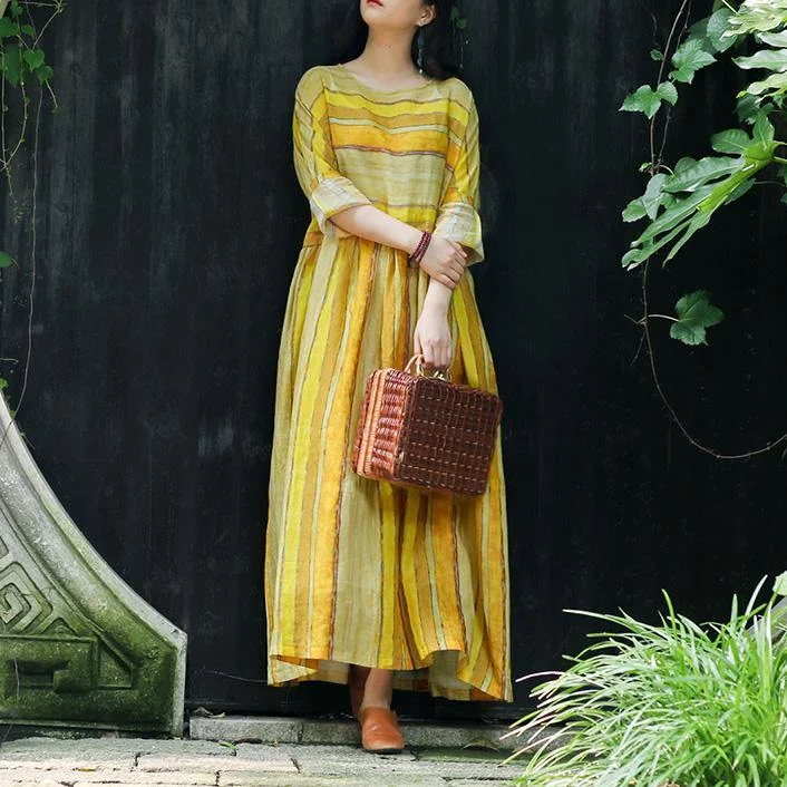 Style O-neck Pockets Linen Clothes Stylish Sleeve Yellow Striped Cotton Dress Summer