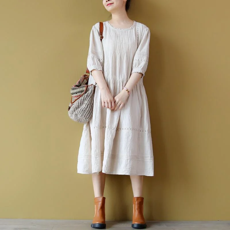 Stylish Nude Linen Dress Plus Size Clothing Wrinkled Cotton Dresses Boutique Hollow Out Gown ( Limited Stock)