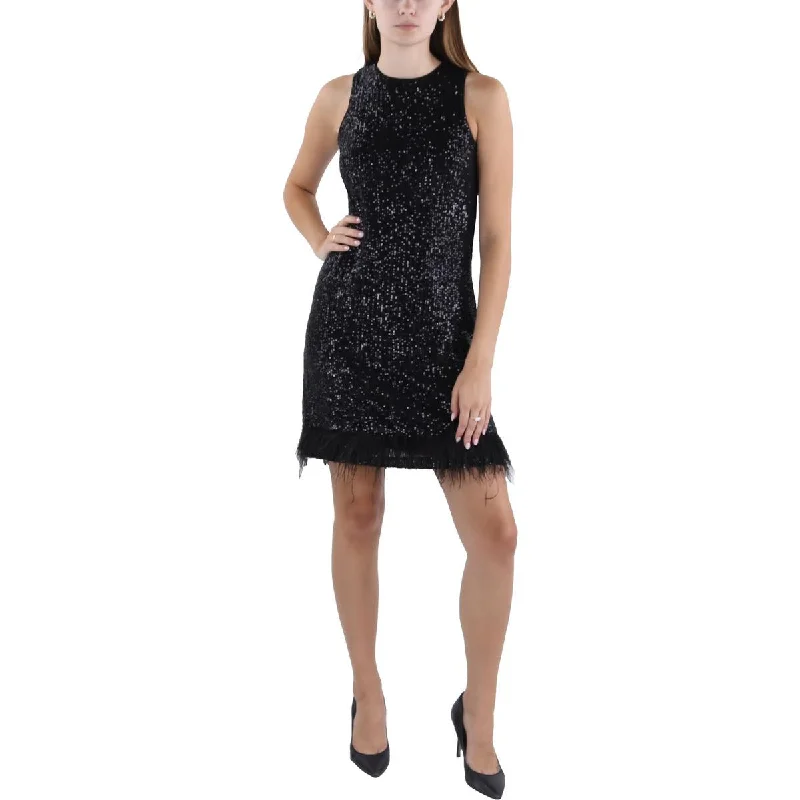 Taylor Womens Sequined Faux Feather Trim Cocktail And Party Dress Glittery Long Formal