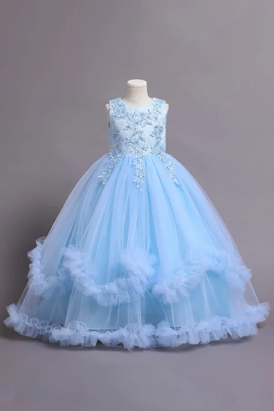 Tulle Beaded Blue Girls Dresses with Appliques