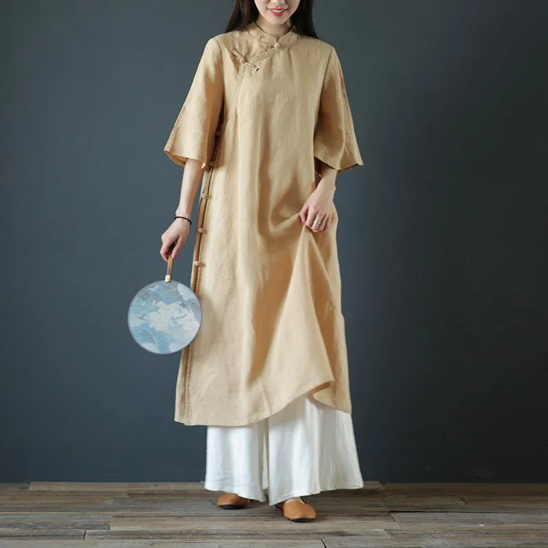 Vivid Chinese Button cotton linen outfit pattern nude Dress summer