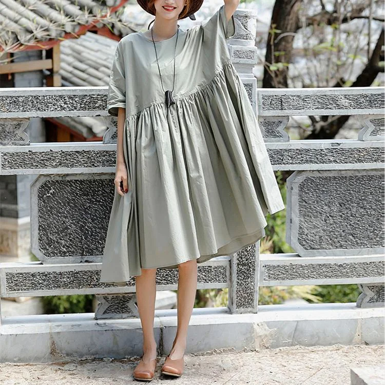 Vivid gray Cotton dresses Boho Inspiration o neck large hem Art Summer Dresses