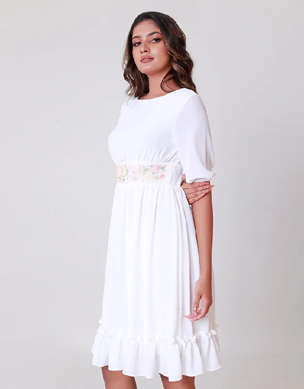 White Shadow Work Dress with Frill Hem