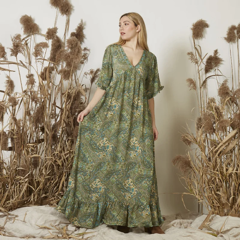 Wholesale long print large v-neck silk dress with ruffled hem