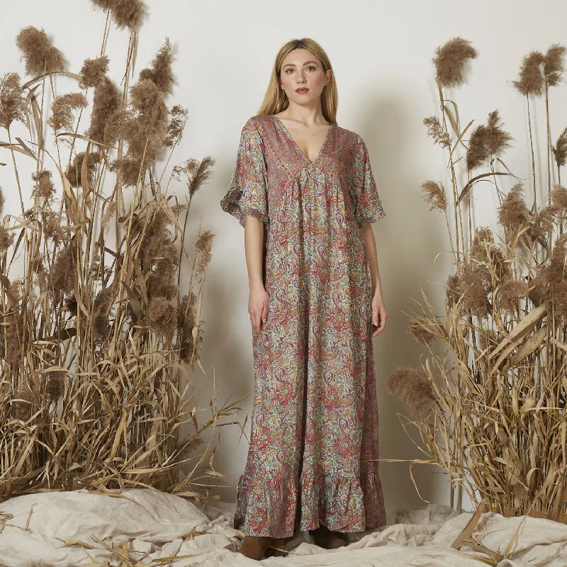 Wholesale long print large v-neck silk dress with ruffled hem