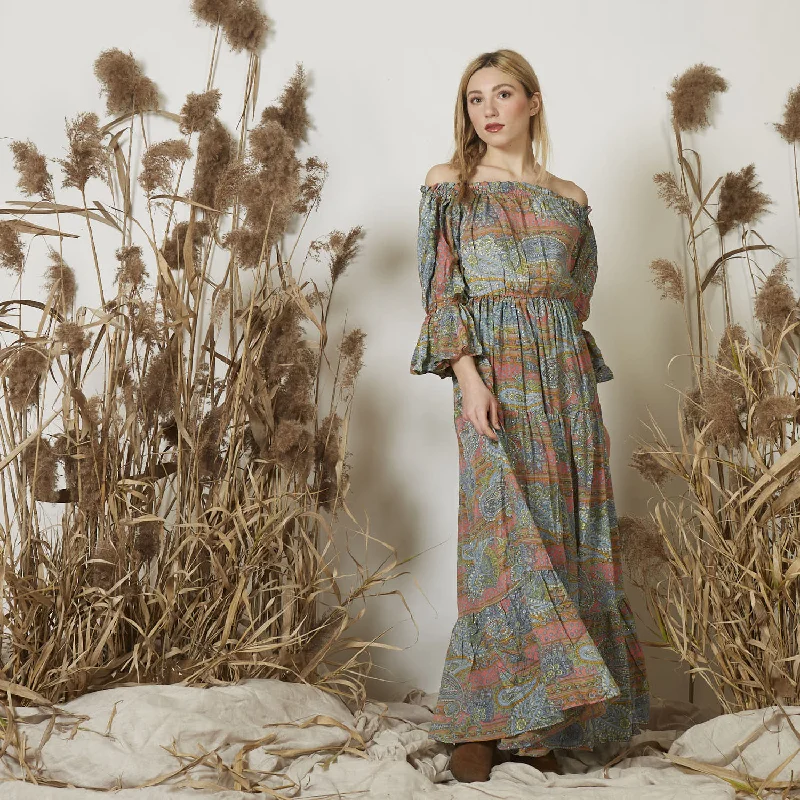 Wholesale long print silk dress with puff sleeves