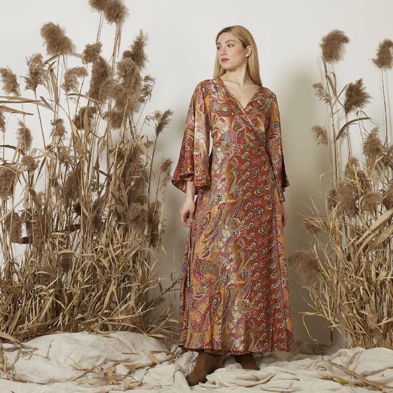 Wholesale print large cross v-neck silk dress