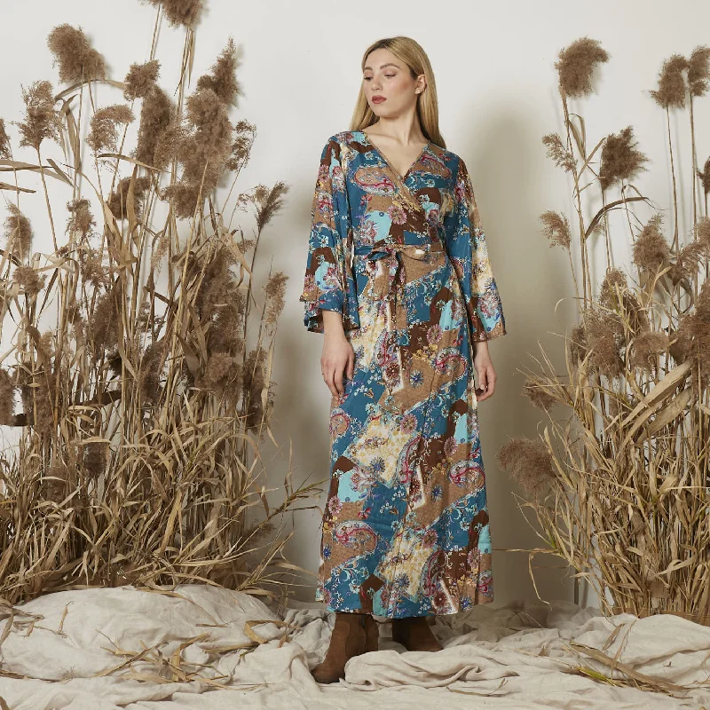 Wholesale print large cross v-neck silk dress