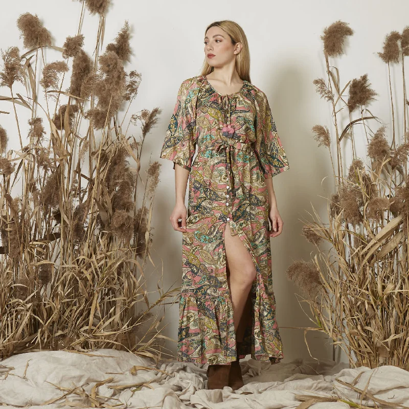 Wholesale printed silk dress with match belt