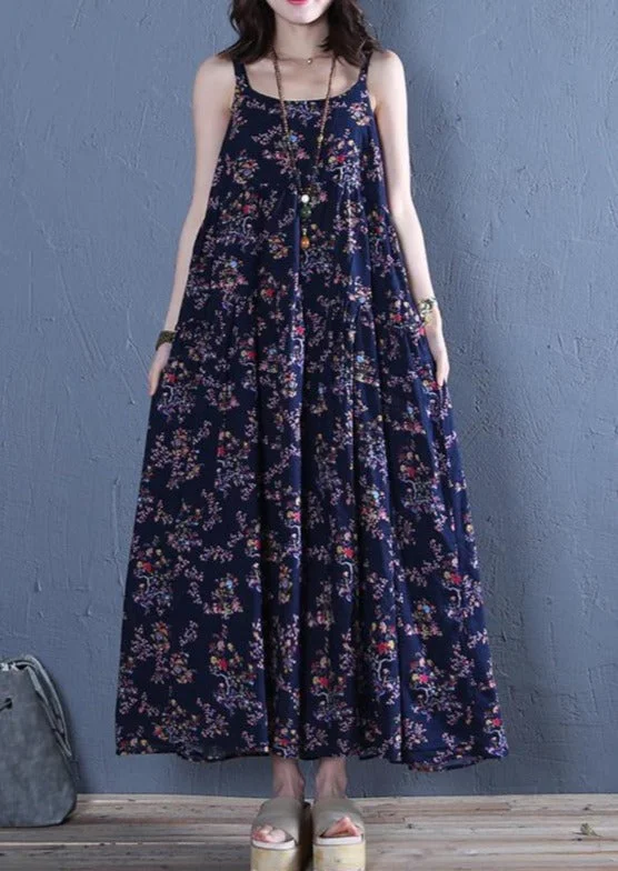 Women Spaghetti Strap Wrinkled Cotton Dresses Work Outfits Navy Print Dress Summer