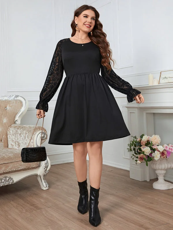 Women's Plus Size Black A Line Dress With Long Lace Sleeves