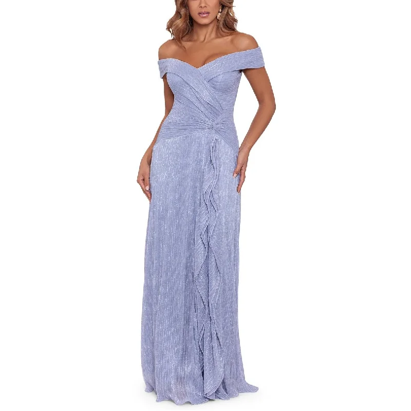 Xscape Womens Metallic Ruffled Evening Dress Tunics Stylish modern