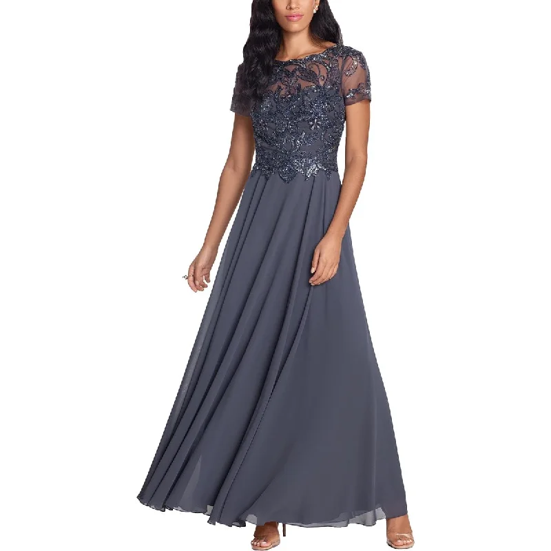 Xscape Womens Petites Chiffon Beaded Evening Dress