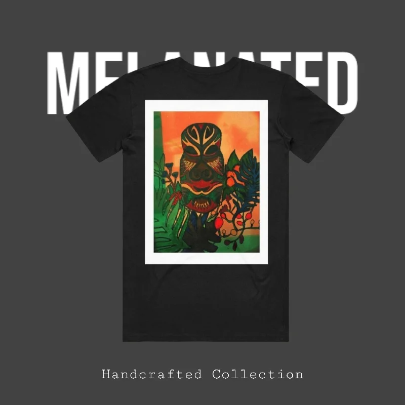 Tribal Mask Art on Ethnic Tee, Hand-Drawn Unisex Design Graphic T-Shirt Round Neck Polyester