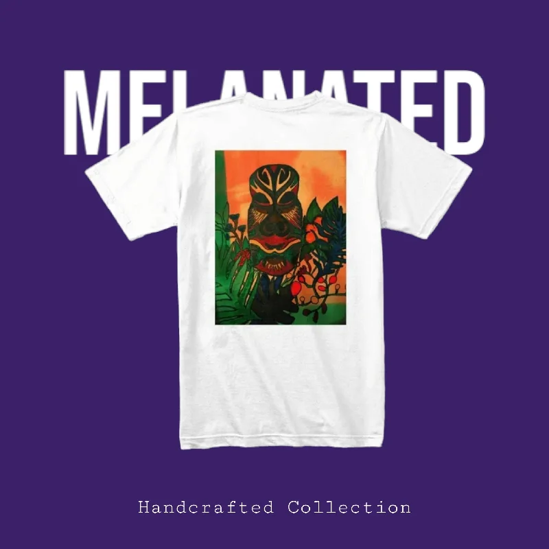 Hand-Drawn Unisex Tee, Tribal Mask Design on Back Lace Blend Ribbed Blend Corduroy Blend