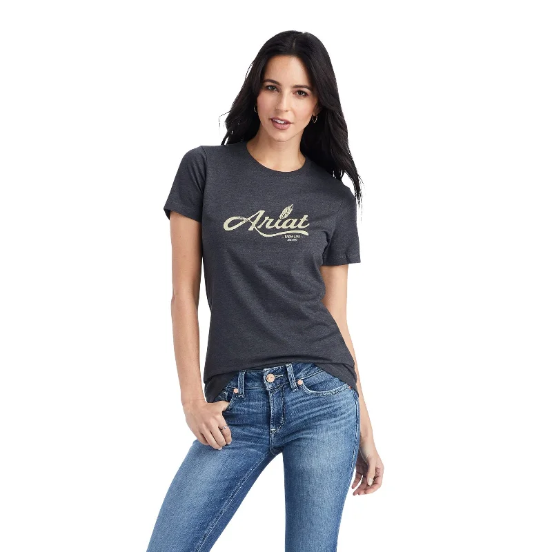 Ariat Wheat Script Charcoal Heather Tee Notch Collar Peter Pan Collar Cowl Neck