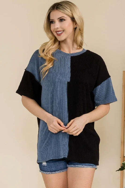Celeste Full Size Ribbed Color Block Short Sleeve T-Shirt Collared T-Shirt Boat Neck A-Line