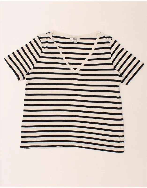 COS Womens T-Shirt Top UK 14 Medium White Striped Cotton Hooded Caped Shawl Collar