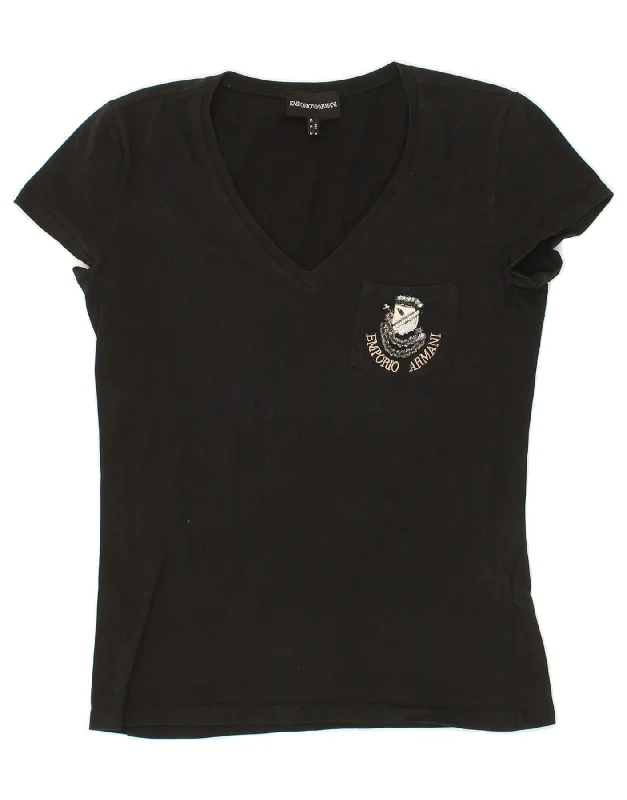 EMPORIO ARMANI Womens T-Shirt Top UK 12 Medium  Black Cotton Print Jacquard Patchwork