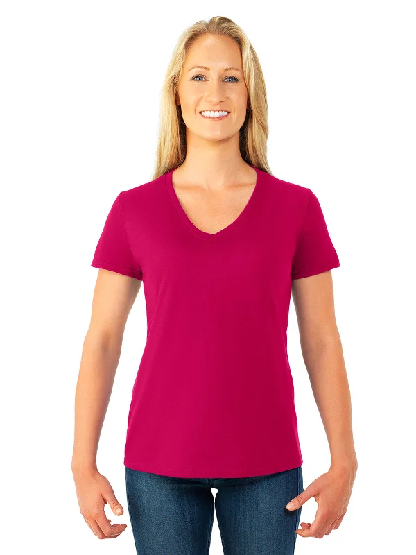 Fruit Of The Loom Womens HD Cotton Short Sleeve V-Neck T-Shirt Chenille Brocade Lace