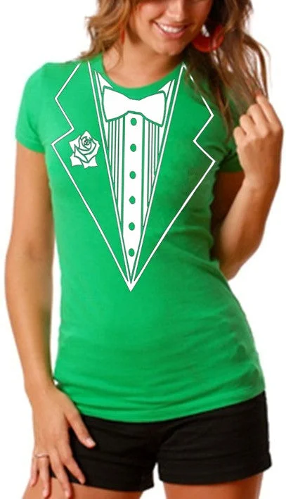 Green Tuxedo Shirt - Irish Green Girls Tuxedo T-Shirt Ribbed Striped Patterned
