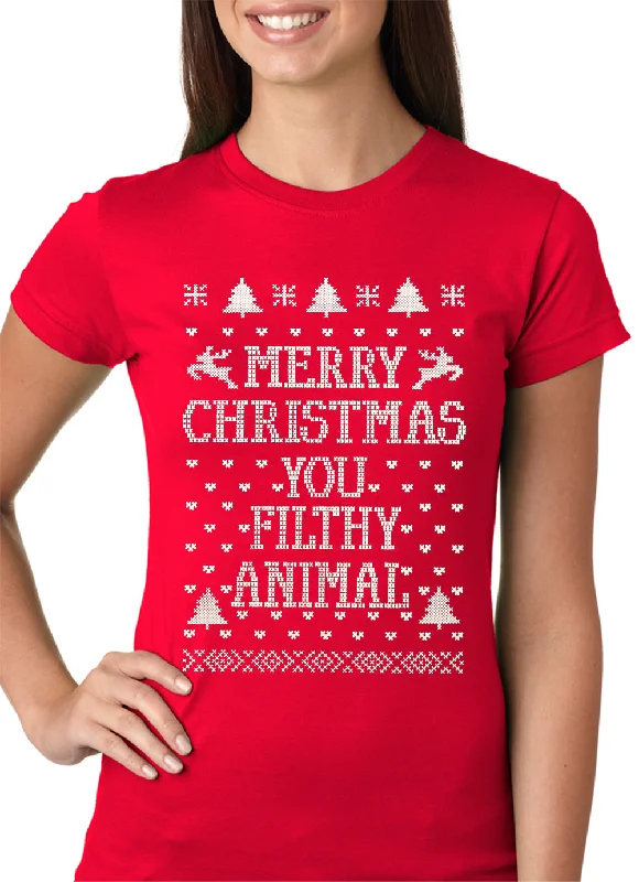 Merry Christmas You Filthy Animal Girls T-shirt Zippered Buttoned Snapped