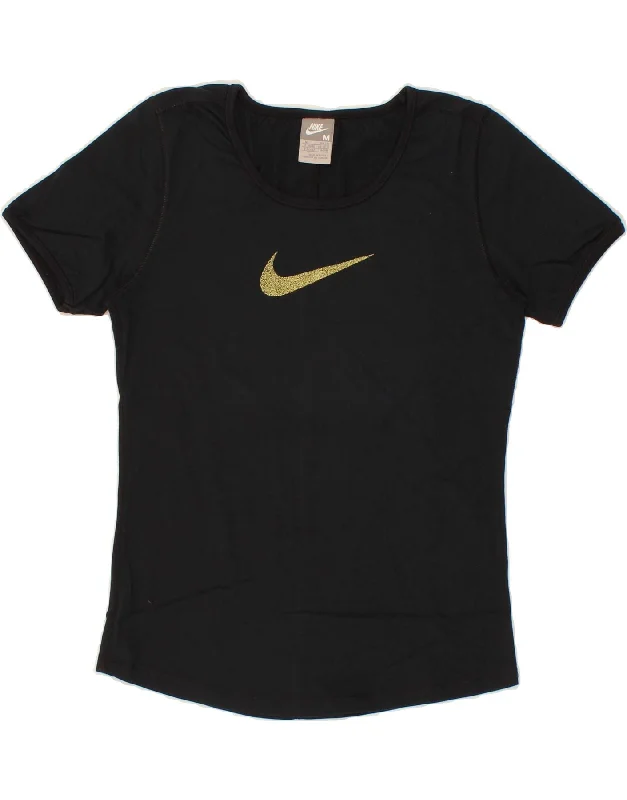 NIKE Womens T-Shirt Top UK 10/12 Medium Black Cotton Notch Collar Peter Pan Collar Cowl Neck