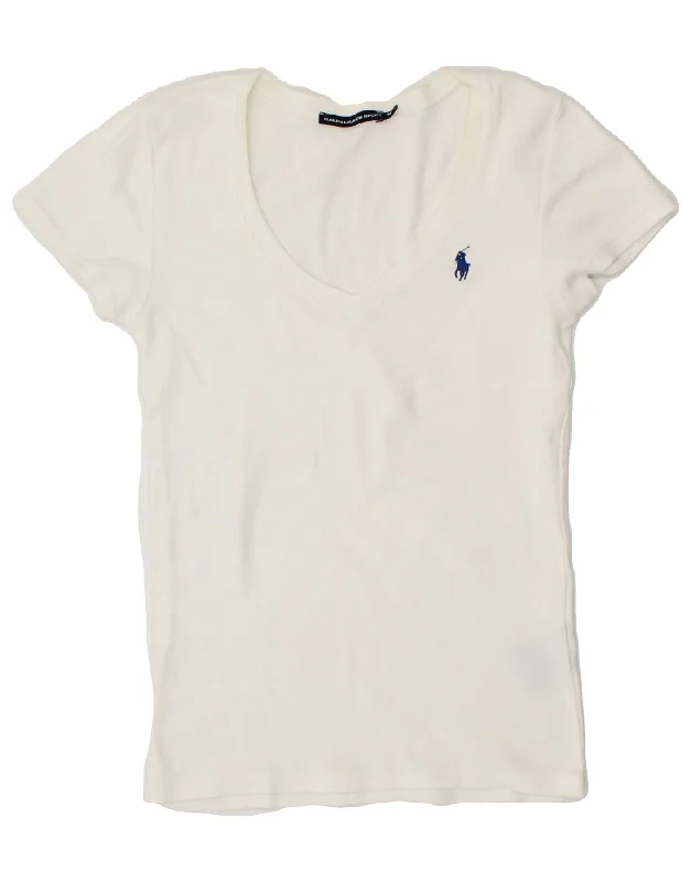 RALPH LAUREN Womens T-Shirt Top UK 12 Medium Off White Cotton Knit Fabric Woven Fabric Fleece Fabric