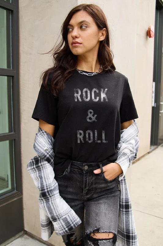 Simply Love Full Size ROCK & ROLL Short Sleeve T-Shirt Striped Floral Plaid