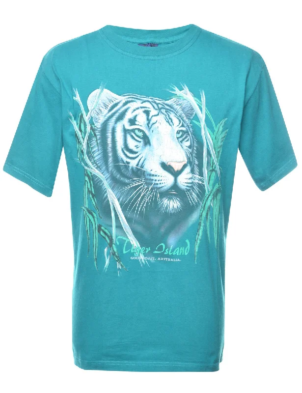 Tiger Print Animal T-shirt - L Welt Pockets Slit Pockets