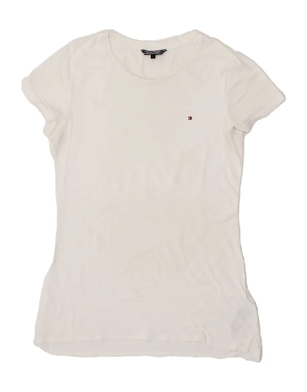 TOMMY HILFIGER Womens T-Shirt Top UK 14 Large White Cotton Beaded Sequined Faux Fur